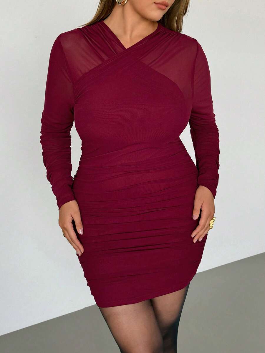Auralis Plus Size Women Burgundy Elegant Long Sleeve Pleated Fitted Dress,Autumn Solid Color Night Out Club Party Graduation Wedding Guest Casual Vacation - Burgundy - View 1