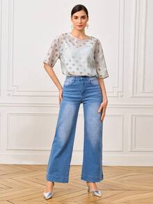 LOTSLUV 女士优雅春夏两件套：宽松灰色圆领短袖上衣，饰有半透明灰色波点图案，搭配灰色吊带背心 - 灰色 - 查看 5