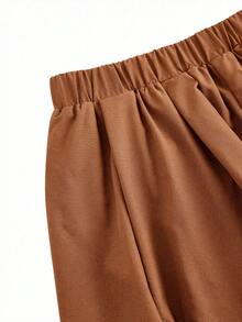 COSMINA 女士休闲日常通勤简约纯色弹力腰泡泡裙，夏季 - 駝色 - 查看 3