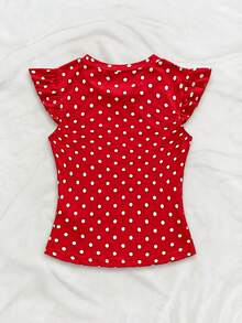 Soleia Women's Casual Polka Dot Print Ruffle Trim Round Neck T-Shirt, Summer - Red and White - View 2