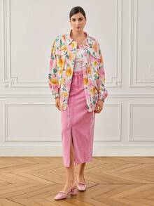 LOTSLUV Women's Loose Fit Long Sleeve Floral Print Jacket With Pockets, Drawstring Waist And Button Front Closure,Women's Denim Jacket,Women's Coat,Elegant Coats Women,Vacation Coat - White - View 5