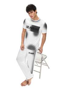 Rest Era Men's Casual Pajama Set With Zebra Print Short Sleeve T-Shirt And Long Pants - White - View 1