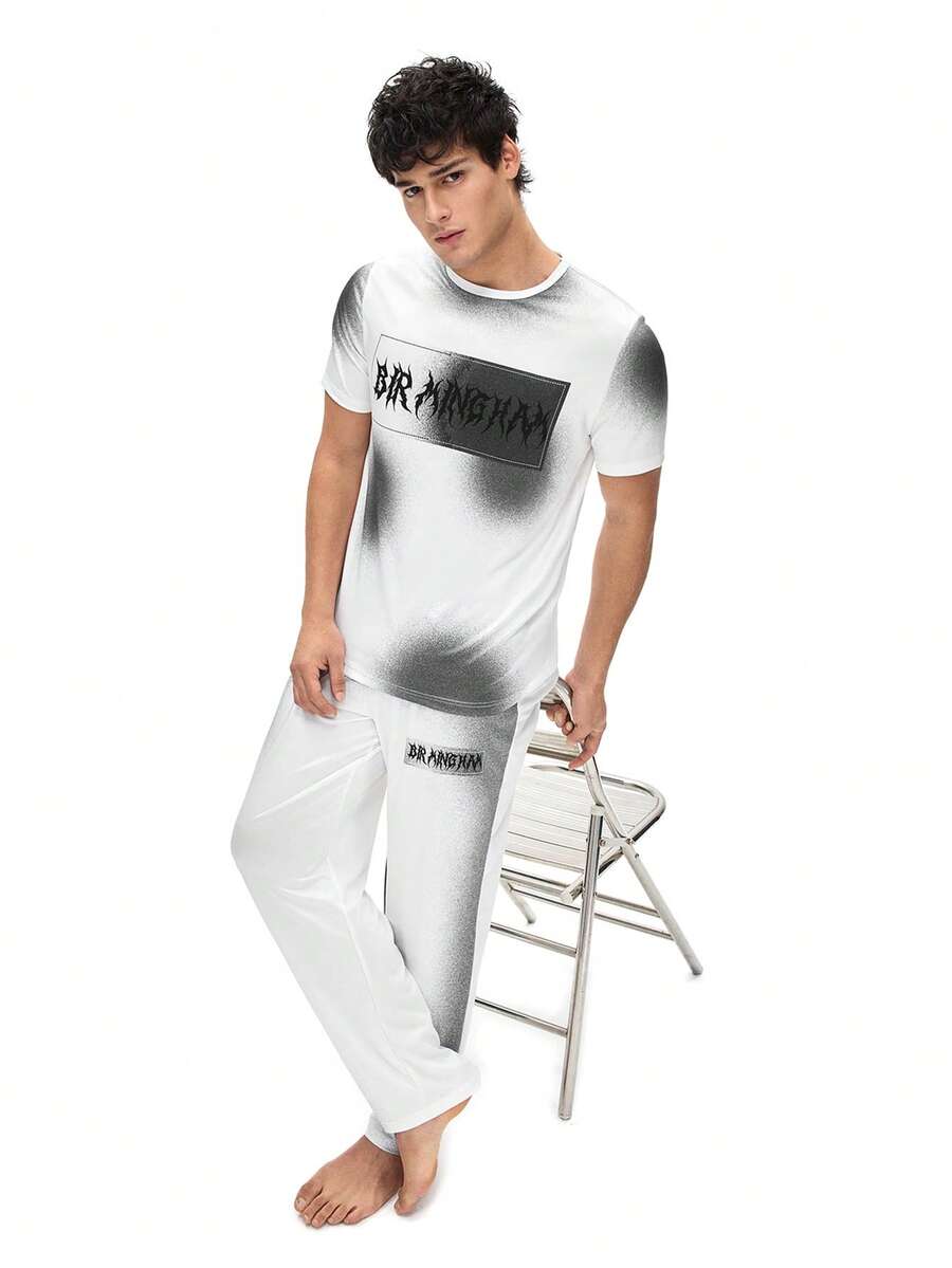 Rest Era Men's Casual Pajama Set With Zebra Print Short Sleeve T-Shirt And Long Pants - White - View 1