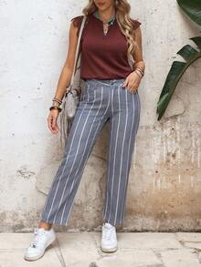 EMERY ROSE 女士休闲条纹斜插口袋锥形裤 - 淺色水洗藍 - 查看 5