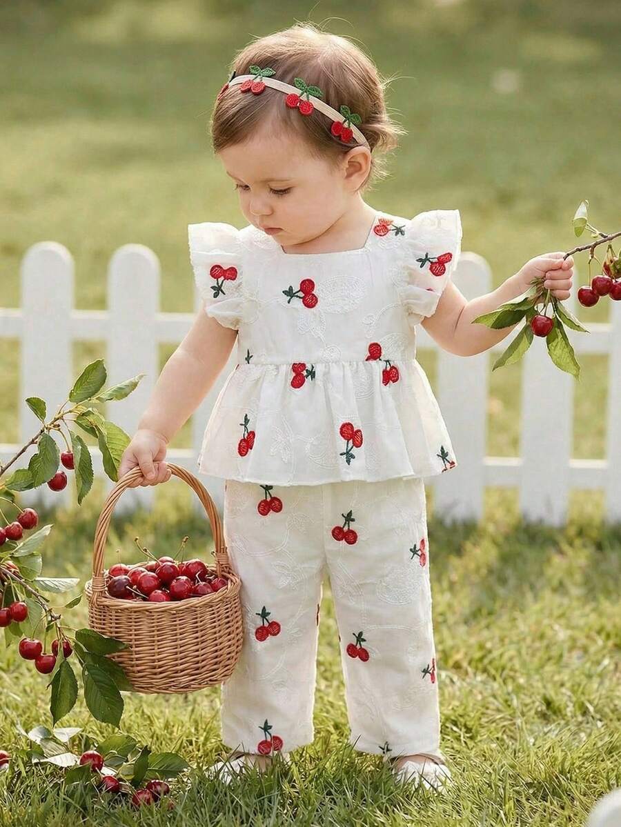 Souflis Souflis 2pcs/Set Baby Girls' Cute Cherry Pattern Vacation Casual Striped Ruffle Sleeve Blouse And Pants Set, Spring/Summer - Multicolor - View 1