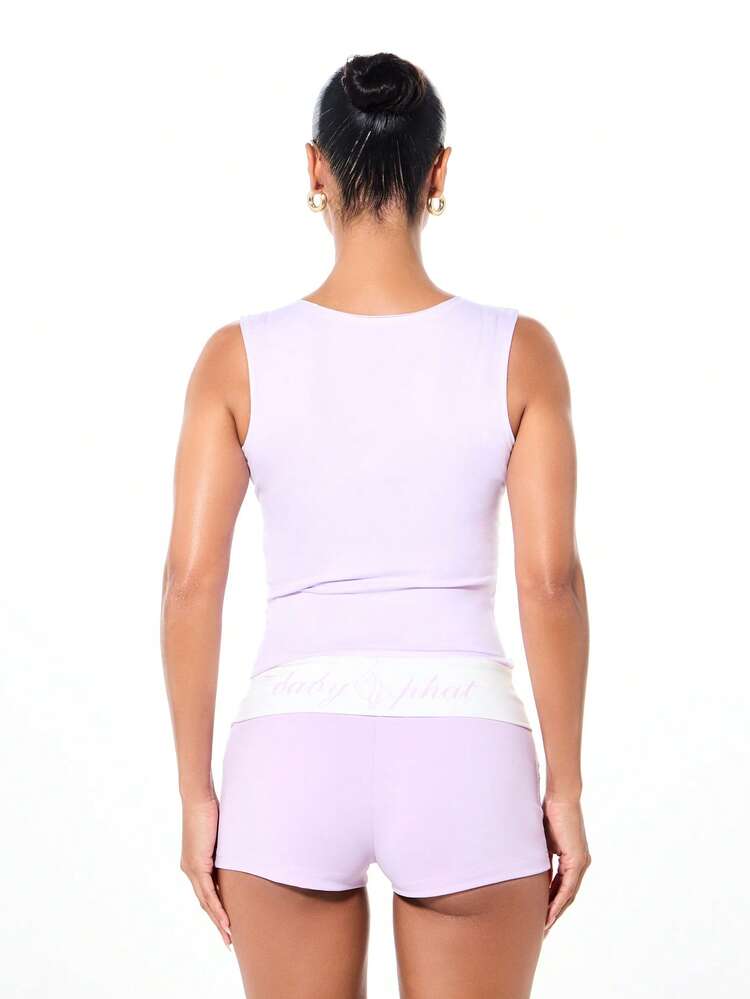 BABYPHAT Notch Neck Tank Top With Contrast Cover Stitch Detail Casual Summer Sleeveless Top For Women Comfortable Everyday Wear Fashion Basic