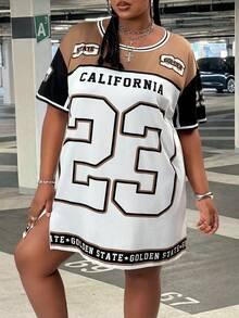SHEIN CURVE+ Nuevo vestido camiseta de manga larga de cuello redondo, estilo deportivo casual de calle, corte holgado, estampado de logotipo digital 23 en parche marrón y blanco, adecuado para uso diario, citas, festivales de música - Multicolor - Ver 5