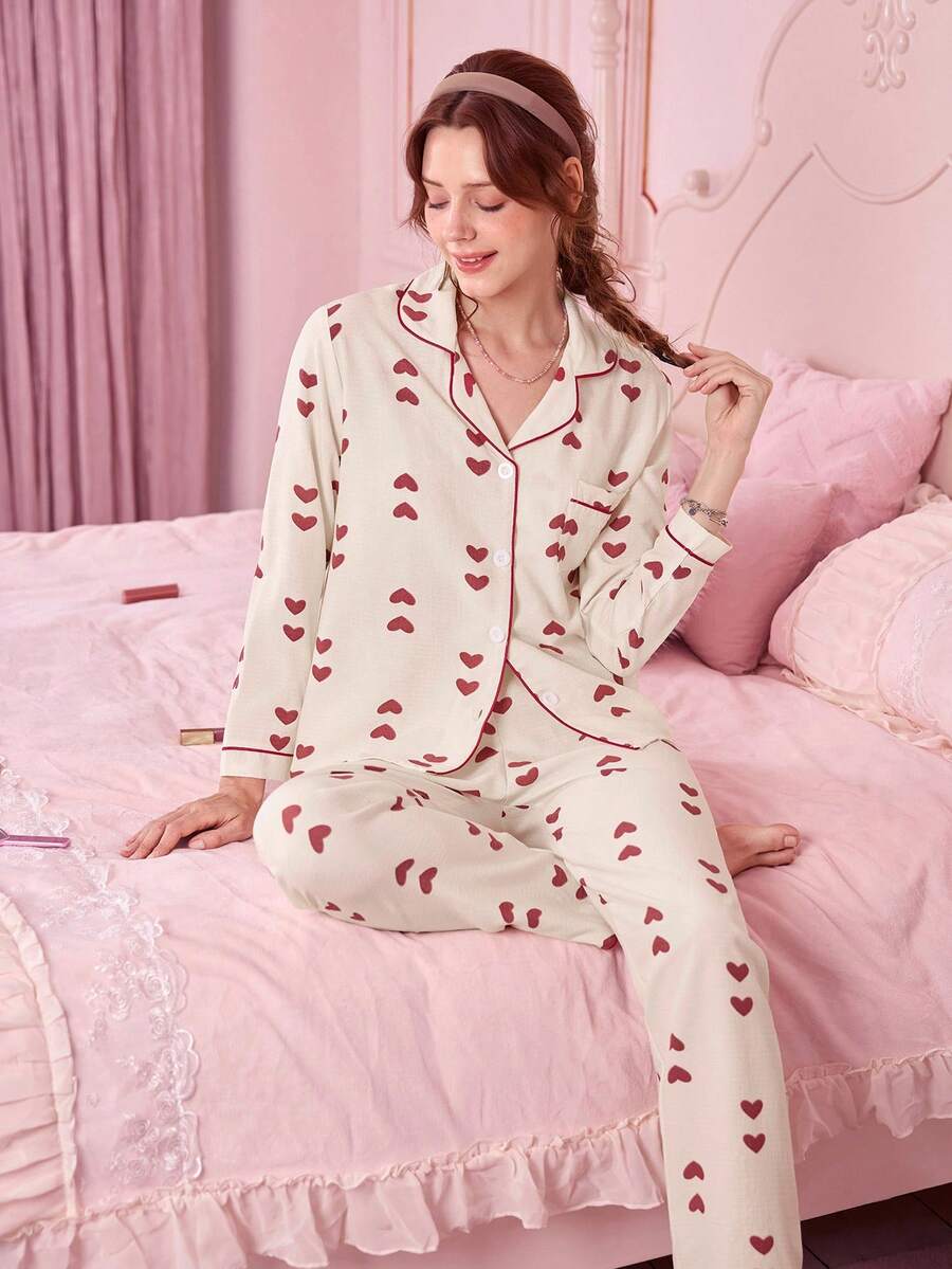 Bonmuse 22pcs Valentine's Day Heart Print Long Sleeve Top And Pants Pajama Set, Casual Loose Fit Homewear Suitable For Indoor And Outdoor, Spring/Summerfor Summer - Multicolor - View 1