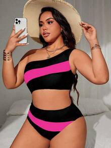 Swim Lushoire 大码女式拼接镂空性感休闲度假泳衣 - 玫紅色 - 查看 4