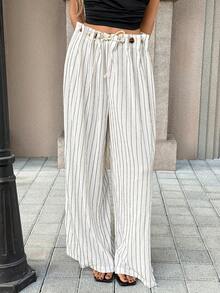 Pariaura Pantalones anchos de pierna ancha con cordón en la cintura, versátiles y casuales para uso diario - Blanco y Negro - Ver 3