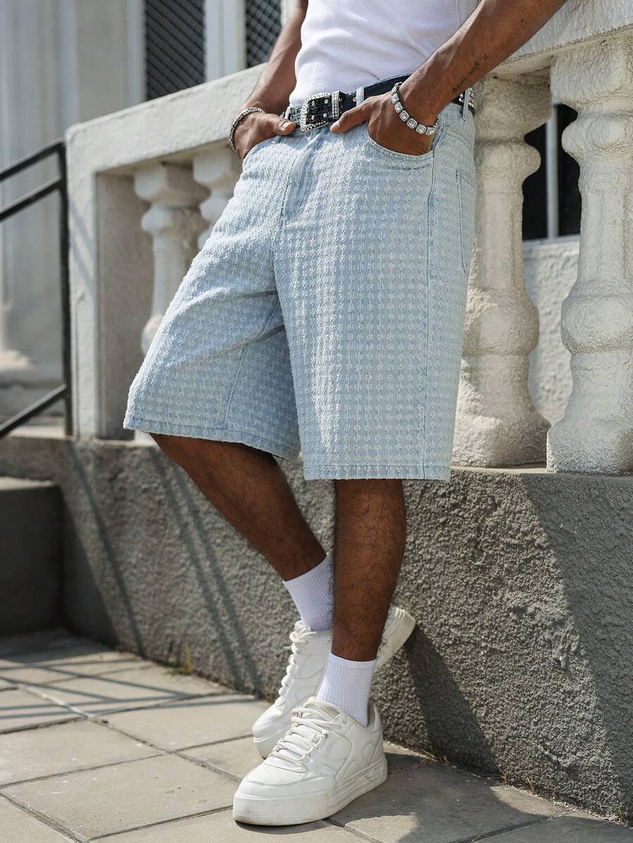 Manfinity EMRG Men's Casual Crochet Blue Denim Shorts, Street Fashion - Light Wash - View 1