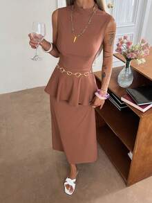 Livesso 女士夏季度假/办公套装，棕色高领无袖露脐上衣和休闲半裙两件套 - 咖啡棕 - 查看 3