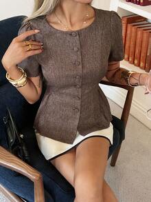 DAZY 女士圆领短袖修身外套 - 咖啡棕 - 查看 5