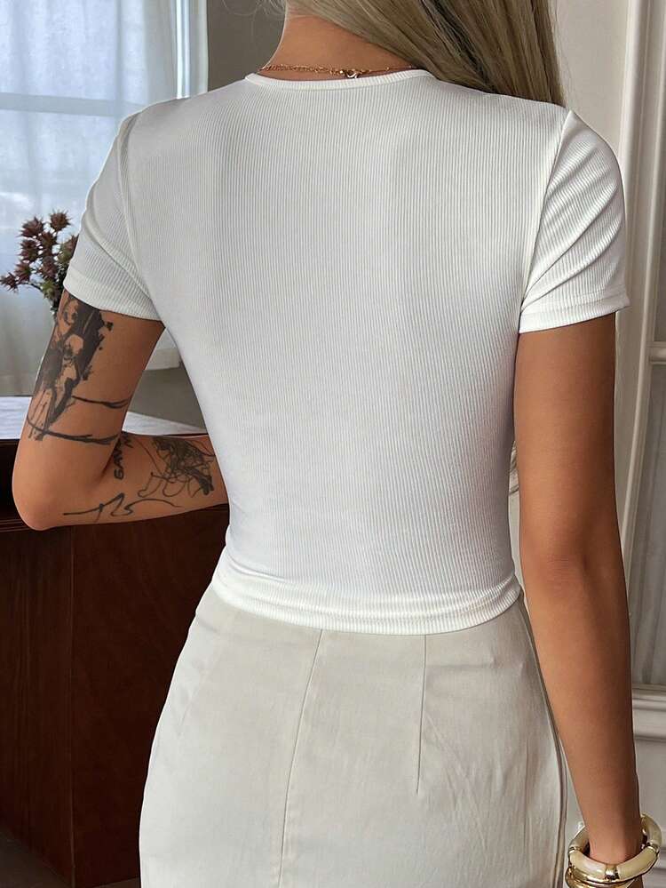 Contrast Color Bow Tie Fitted Short Round Neck Short Sleeve Casual Vacation Summer Top T-Shirt For Women