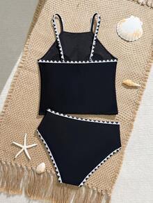 SHEIN Costume de baie tankini pentru fete preadolescente, top cu imprimeu digital în dungi alb-negru și fund triunghiular, elegante și la modă pentru înot, plajă, piscină, vacanță de vară, costume de baie pentru fete, costum de baie pentru fete preadolescente, costume de baie din două piese pentru adolescente, acoperire completă, costume de baie din două piese, costume de baie drăguțe pentru fete, seturi de bikini - Alb-negru - Vizualizare 2