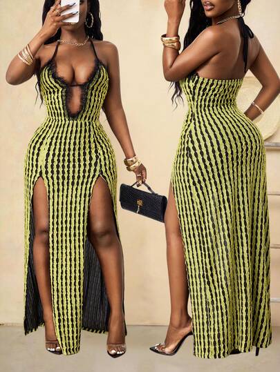 BamGleam Women's Sexy Beach Vacation Striped Contrast Lace Trim High Slit Backless Tie Neck Dress, Summer