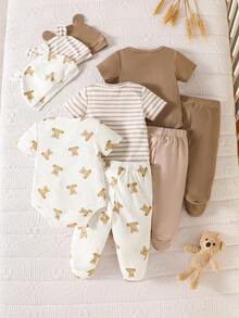 SHEIN 3pcs/Set Newborn Unisex White Cute Bear & Ribbed Pattern Cotton Outfit Short Sleeve Bodysuit Pants Hat Soft Autumn Family Matching Neutral Clothes - Multicolor - View 2