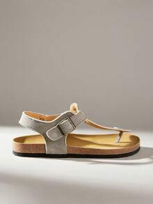 Solecia Sandalias casuales de mujer para primavera y verano, sandalias planas de tira entre los dedos de unicolor para vacaciones de primavera y Pascua - Gris terciopelo - Ver 1