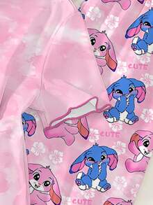 Tween Girls 2 Pieces Pajama Set, Cute Rabbit Print Pink T-Shirt With Contrast Frill Trim And Loose Rabbit Print Pants With Ruffle Hem, Comfortable Loungewear - Pink - View 3