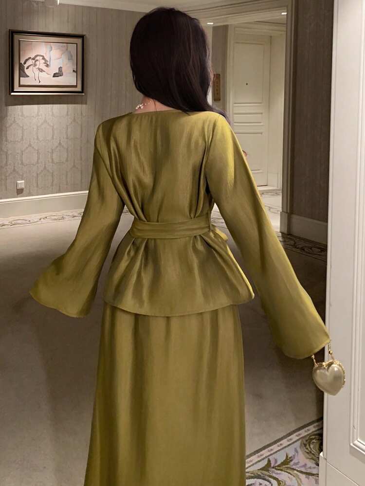 Women's Elegant Tie-Waist Shirt And Long Skirt 2 Pieces Set, Summer