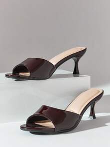 SHUZIA Sandal nữ tối giản gót thấp, mũi nhọn, chất liệu PU bóng. - màu nâu - Xem 6