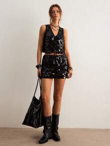 Freevana Women's Solid Color Sequin Front Tie Vest And Mini Skirt 2-Piece Set, Suitable For Party - Black - View 8