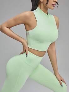 Innovista Women Other Dance Clothes Green Gym Set 2pcs Sleeveless High Neck Bra Tank & High Waist Leggings, Removable Pads, Breathable Mesh Back, Side Pocket Pants, Seamless Stretch, Sculpting Tummy Control, Yoga Pilates Training Run, Pilates Set / Clean Girl Aesthetic / Athleisure / Pocket Leggings / Studio Wear / Airport Outfit / Spring Green - Green - View 2
