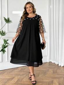 SHEIN CURVE+ Đầm cỡ lớn dáng rộng cổ tròn phối lưới hoa văn, thích hợp cho mùa hè - màu đen - Xem 7