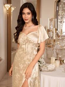 LuxeNights New Spring/Summer Fashion Faux Silk Butterfly Jacquard Bow Hem Slit Romantic Fresh Women Nightgown Sexy Nightgown Satin Sleepwear Set Satin Night Gown - Champagne - View 1
