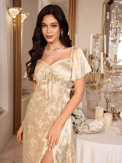SHEIN New Spring/Summer Fashion Faux Silk Butterfly Jacquard Bow Hem Slit Romantic Fresh Women Nightgown