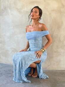 Aloruh 女士优雅露肩修身连衣裙，性感高开衩浪漫镂空蕾丝连衣裙，波西米亚风蓝色连衣裙，适合日常约会、度假、下午茶、夏季穿着 - 藍色 - 查看 1