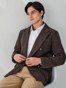 RONVEXI Men's Striped Print Double-Breasted Business Long Sleeve Suit Jacket - Brown - View 1