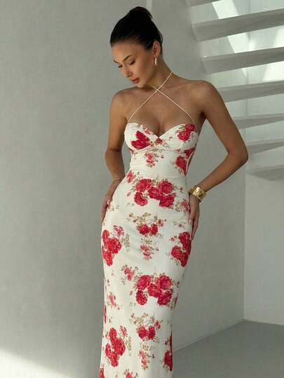 Aloruh Women's Floral Print Bodycon Halter Backless Dress