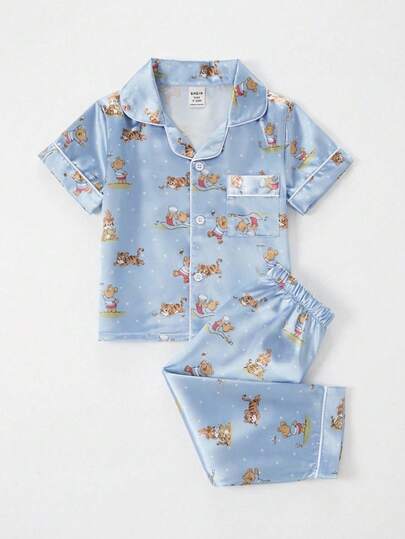 2 piezas Conjunto de pijama ligero y casual de pantalón y top de manga corta con estampado de letra de unicolor simple para niños pequeños, primavera/verano