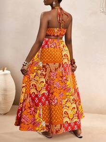 VaVaBold Abito lungo elegante e ampio con design a fiori bohémien, scollo ad aletta incrociato e aperture, stile vacanziero, simile agli abiti di blogger europei e americani, casual per appuntamenti e spiaggia - Multicolore - Visualizzare 2