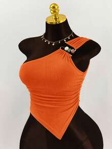 Amplova 大码女式彩色串珠装饰褶皱腰部单肩上衣 - 亮橙色 - 查看 1