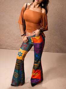 ROMWE PETITE 春夏朋克风拼接印花喇叭裤 - 橘色 - 查看 7