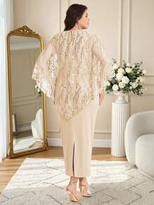 Modelyn 大码女士优雅纯色亮片流苏装饰薄纱罩衫修身连衣裙两件套 - 杏色 - 查看 2