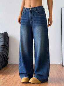 SHEIN Teen Girls' Casual Everyday Commute Versatile Low-Waist Washed Loose Wide-Leg Jeans - Dark Wash - View 3