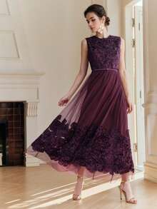 Anewsta Spring/Summer New Vacation Party Round Neck Embroidered Mesh Rope Belt Waist Flared Hem Elegant Dress For Women - Purple - View 4