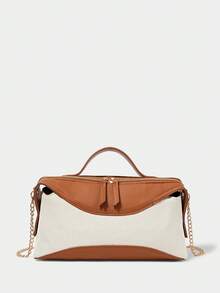 SHECARRY Ladies Casual Canvas Splicing Handbag - Beige Canvas + Brown - View 2