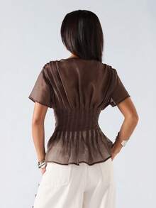 SHEIN EZwear 大码纯色系带领褶皱休闲日常短袖衬衫，春夏款 - 棕色 - 查看 2