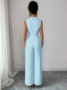 Elenzga Áo blazer cổ chữ V màu mơ trơn, thiết kế dây thắt eo, trang phục thanh lịch chuyên nghiệp, phù hợp cho công sở, họp hành, đi học, ngày lễ tình nhân, ngày động, lễ Phục sinh, du lịch, phong cách đường phố thường ngày, bộ jumpsuit mùa xuân/hè. - Màu xanh lam - Xem 2