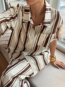 DAZY 女士条纹落肩短袖纽扣休闲衬衫长裤两件套家居服套装，夏季女士休闲套装 - 杏色 - 查看 6