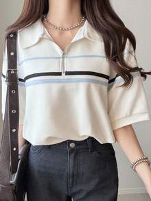 FRIFUL 女士宽松撞色半拉链高领T恤衫（夏季款） - 白色 - 查看 2