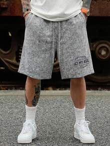 DAZY Men's Letter Print Washed Gray Elastic Waist Shorts, Summer - Grey - View 4