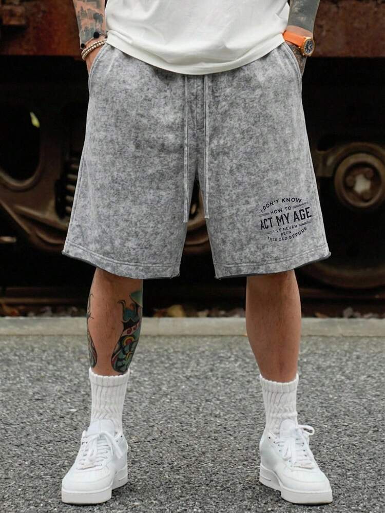 Men's Letter Print Washed Gray Elastic Waist Shorts, Summer