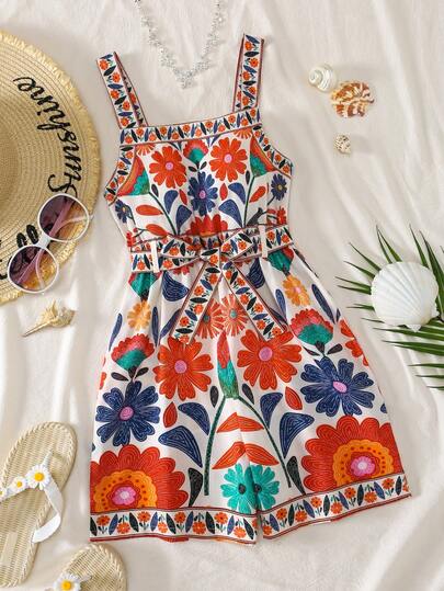 Sparklyn Tween Girl Casual Elegant Jumpsuit, Square Neck Strap Romper With Belt And Ruffle Hem, Blue & White Floral Print, Suitable For Vacation & Leisure Wear, Spring/Summer