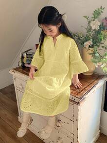 Dazy Kids Đầm dài ngang gối dáng rộng thoải mái kiểu đi nghỉ mát cho bé gái, hàng mới về mùa hè. - Màu vàng - Xem 4