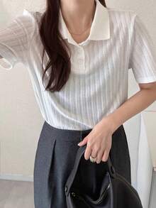 FRIFUL Women's Loose Fit Polo Collar Ribbed Short Sleeve Solid Color T-Shirt - White - View 6